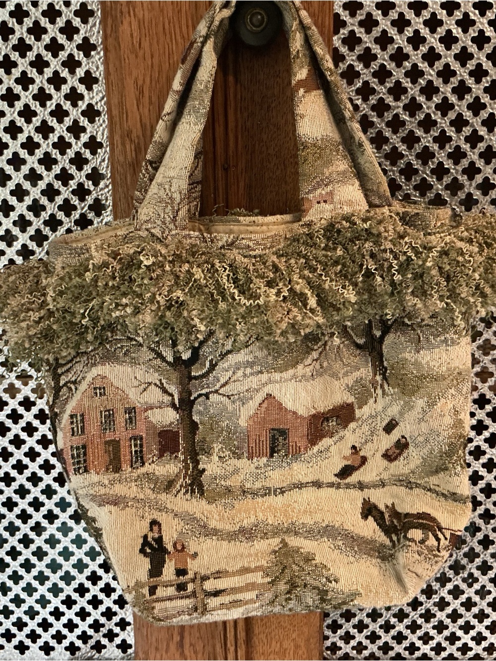 Tapestry Winter Village Handbag in Olive & Tan Vintage inside Pocket